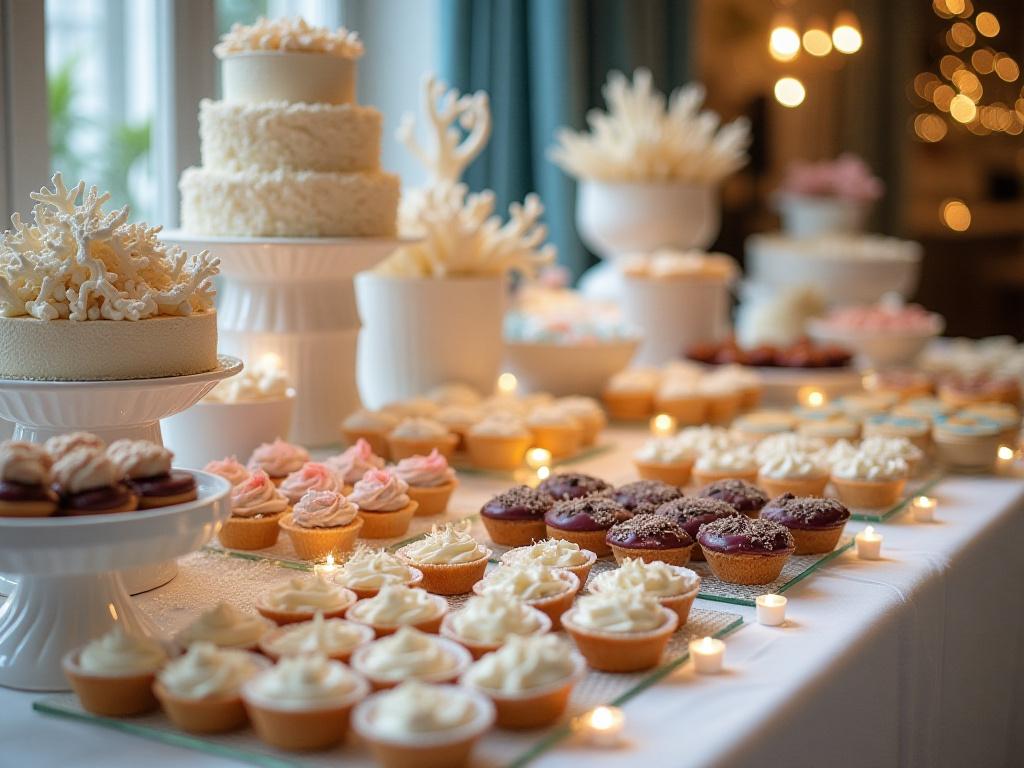 Ein reich gedeckter Desserttisch mit maritimer Dekoration und diversen Törtchen in einem eleganten Ambiente
