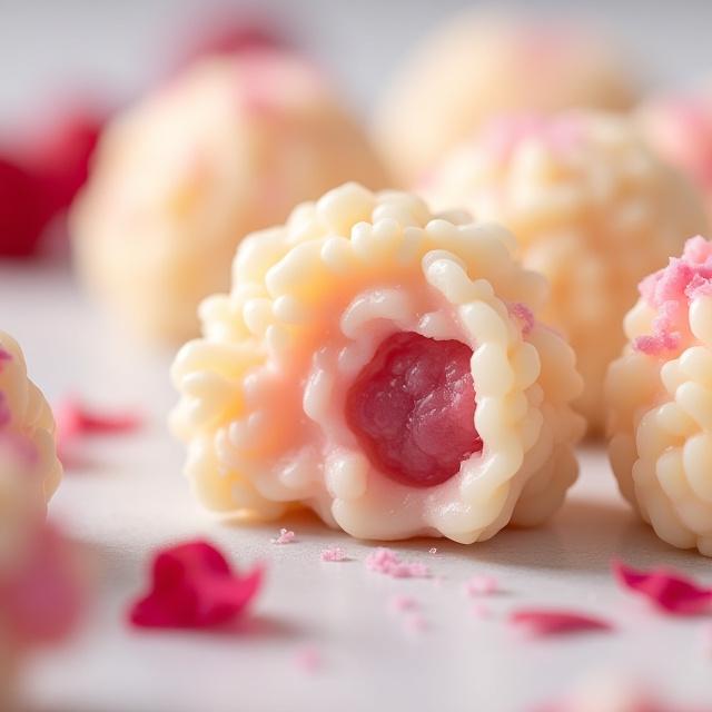 Weiße Schokoladentrüffel in Korallenform mit Himbeer-Rosen-Füllung