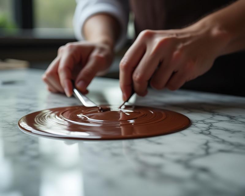 Meisterchocolatier temperiert flüssige Schokolade auf einer kalten Marmorplatte